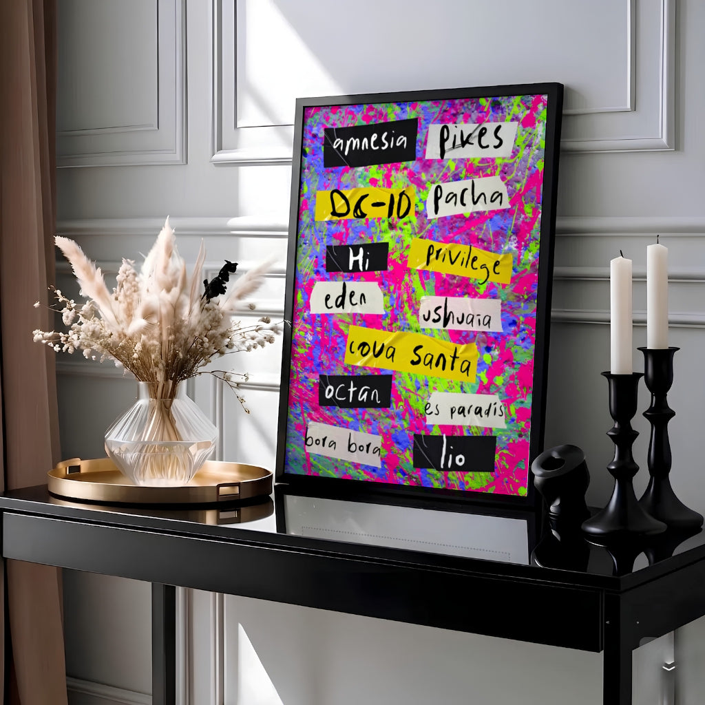 Electric neon splatter dance music wall art showcasing handwritten club tags of Amnesia and Pacha in Ibiza, Spain, presented by MapYourDreams as an unframed poster print, stretched canvas art, or custom framed decor designed for home bars, entertainment rooms, and music lounges.