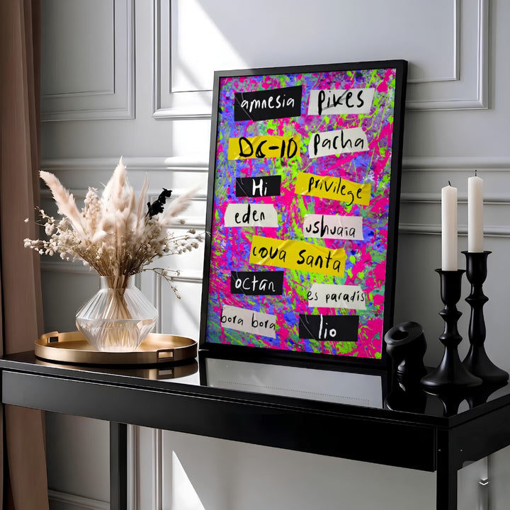 Electric neon splatter dance music wall art showcasing handwritten club tags of Amnesia and Pacha in Ibiza, Spain, presented by MapYourDreams as an unframed poster print, stretched canvas art, or custom framed decor designed for home bars, entertainment rooms, and music lounges.