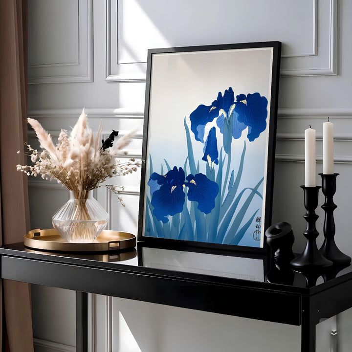 Detailed Japanese woodblock print by artist Ohara Koson of deep blue iris flowers reflecting traditional Kyoto iris pond heritage. MapYourDreams offers fine art framed, unframed, and canvas print options.