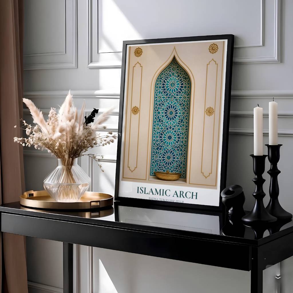 Geometric Islamic arch poster showing starburst turquoise tilework and brass fountain basin with clean typography at base. Presented by MapYourDreams, this artwork is available in flexible options including unframed paper, custom wooden frames, and gallery canvas wraps for living room art.