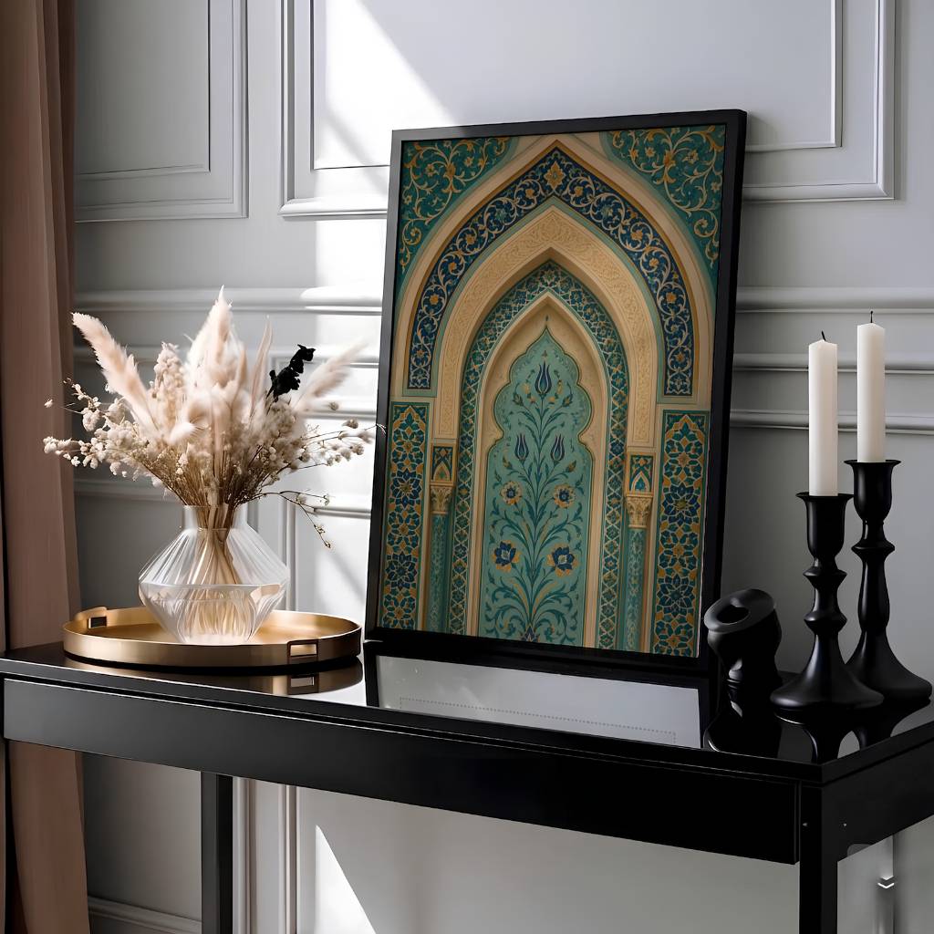 Ottoman floral arch poster showing stylized tulip vines, gold arabesques, and lapis blue tile borders with clean typography at base. Presented by MapYourDreams, this artwork is available in flexible options including unframed paper, custom wooden frames, and gallery canvas wraps for living room art.