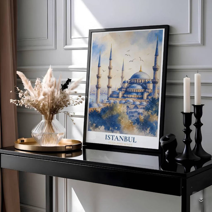 Scenic Turkey travel poster of Istanbul Blue Mosque rendered in soft cobalt washes with clean typography at the base. Presented by MapYourDreams, this artwork is available in flexible options including unframed paper, custom wooden frames, and gallery canvas wraps for living room art.