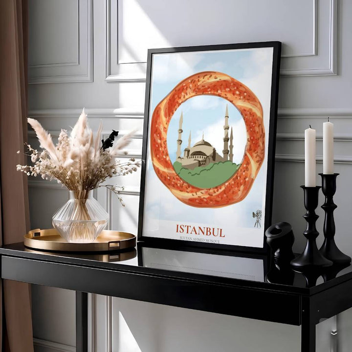 Travel poster of Istanbul Turkey featuring Sultan Ahmed Mosque through a sesame simit ring on a soft pastel sky backdrop. Prepared by MapYourDreams, this artwork is available in flexible options including unframed paper, custom wooden frames, and gallery canvas wraps for chic home decor