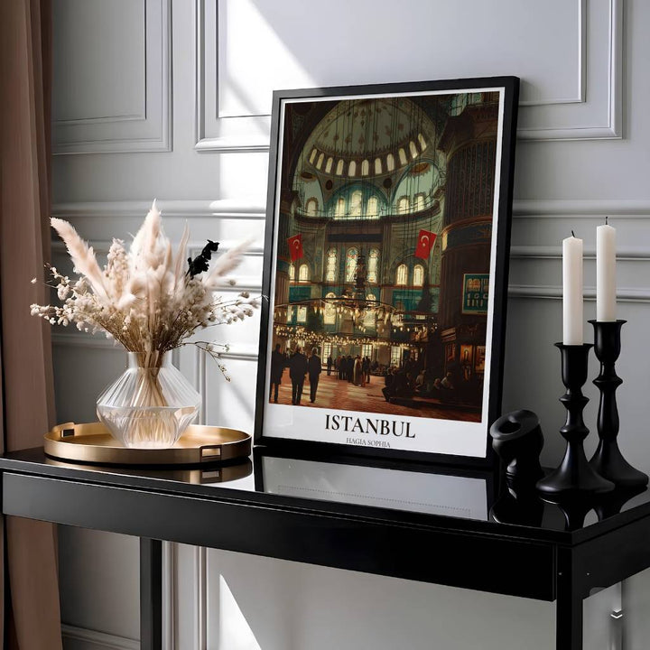 Scenic Turkey travel poster of Istanbul Hagia Sophia interior with crimson flags, glowing ring lights, and clean title text. Presented by MapYourDreams, this artwork is available in flexible options including unframed paper, custom wooden frames, and gallery canvas wraps for living room art.