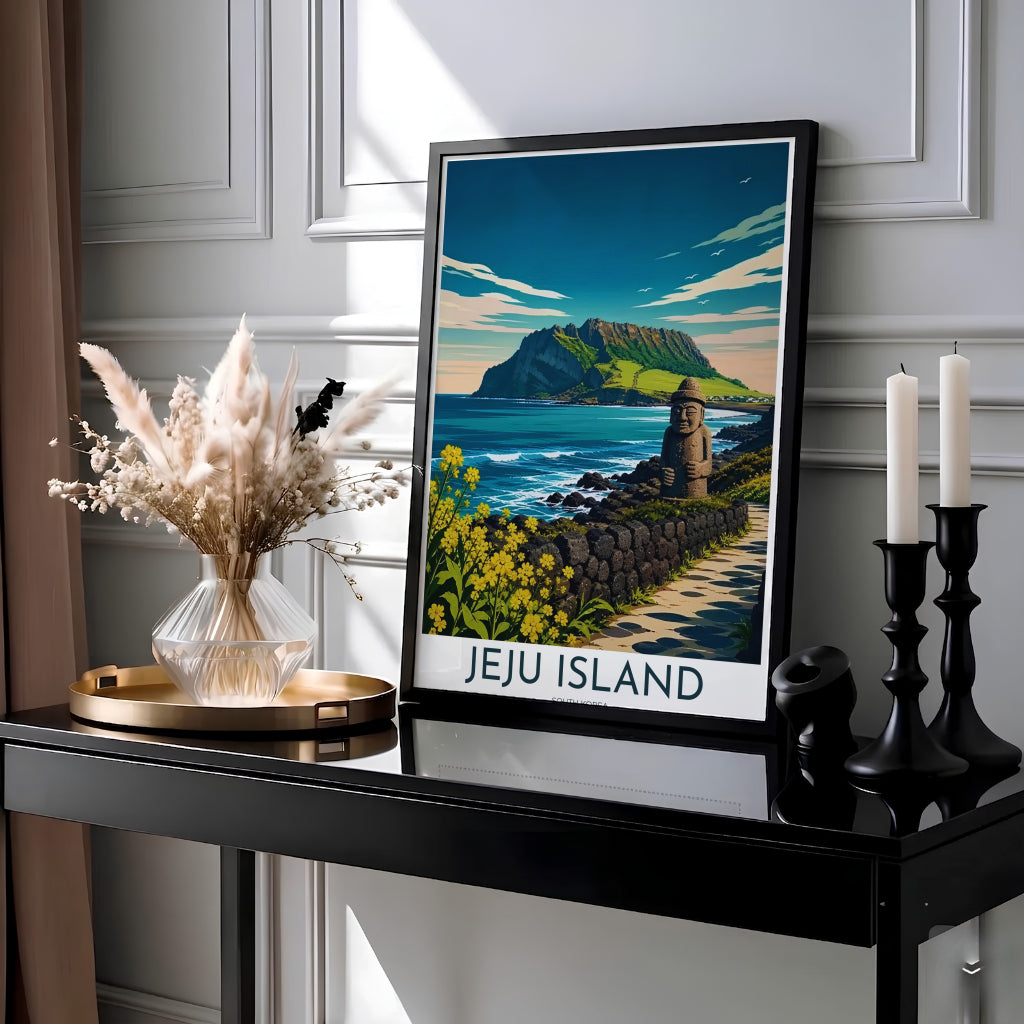 Vibrant coastal landscape wall art depicting Seongsan Ilchulbong in Jeju Island, South Korea, framed by black volcanic basalt rock walls, yellow canola flowers, and deep blue sea channels. Offered by MapYourDreams, this artwork is available in flexible options including unframed paper, custom wooden frames, and gallery canvas wraps.