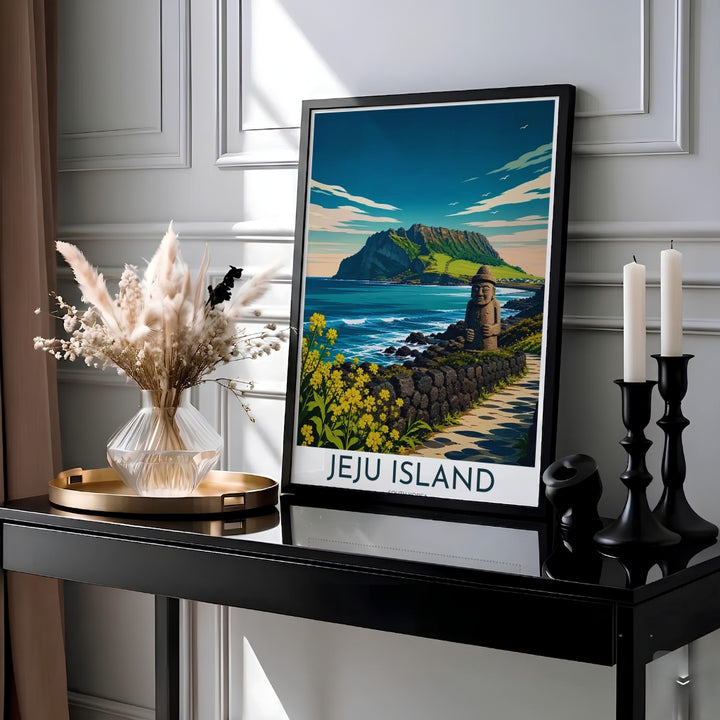 Vibrant coastal landscape wall art depicting Seongsan Ilchulbong in Jeju Island, South Korea, framed by black volcanic basalt rock walls, yellow canola flowers, and deep blue sea channels. Offered by MapYourDreams, this artwork is available in flexible options including unframed paper, custom wooden frames, and gallery canvas wraps.
