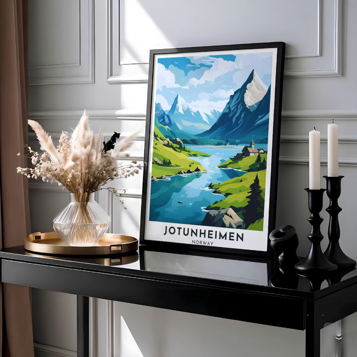 Picturesque mountain view of Jotunheimen Norway with sharp alpine ridges rising above a winding blue river and lush green pastures. This destination wall art print is crafted for living rooms and office spaces, with customizable choices as a ready to hang framed poster, stretched canvas wrap, or classic unframed art paper print.