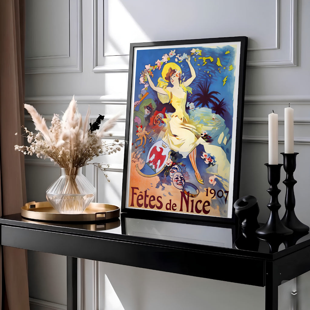Belle Époque maiden portrait canvas print displaying Fêtes De Nice artwork by artist Jules Chéret set in Nice France on the French Riviera. Buy high-definition framed, unframed, and canvas poster prints directly from MapYourDreams.