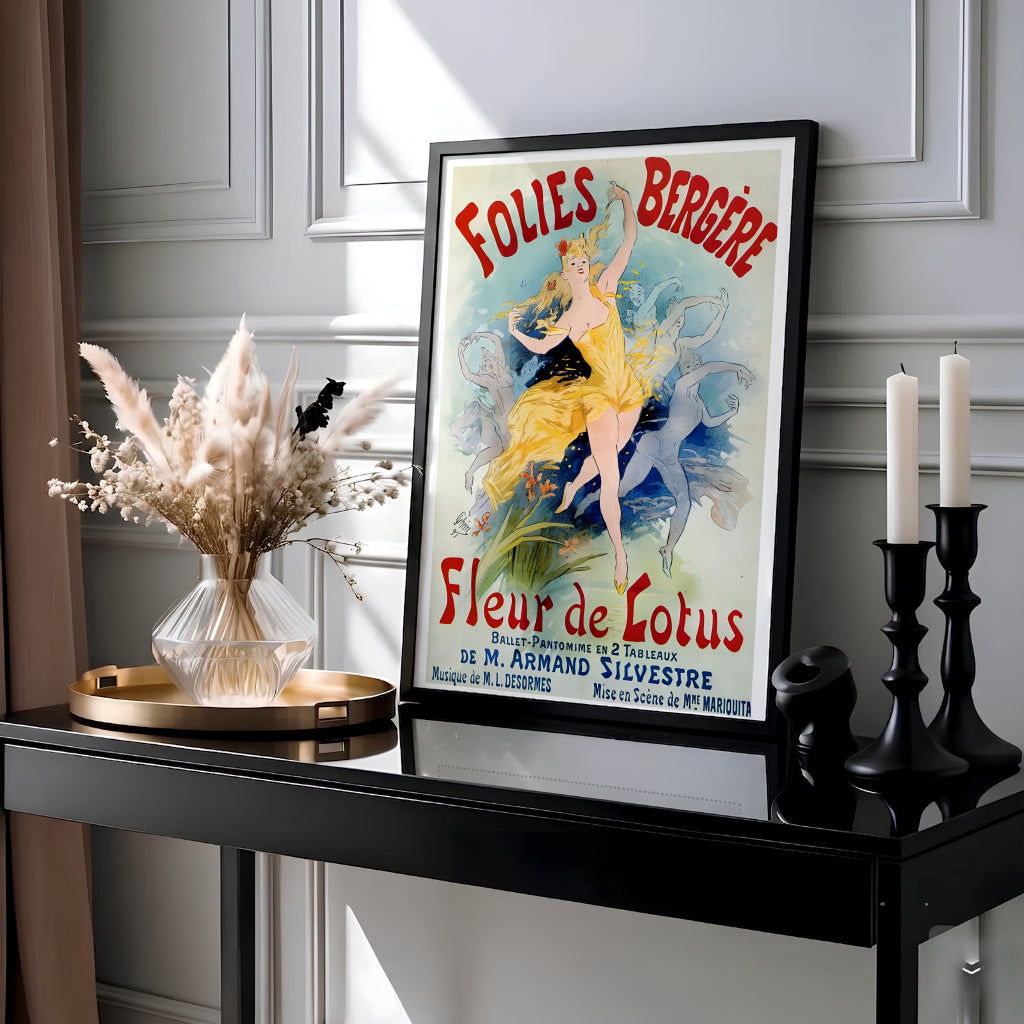 Vintage French Art Nouveau travel poster style print Folies Bergère Fleur De Lotus by artist Jules Chéret showing water nymphs in Paris France. MapYourDreams offers custom fine art framed, unframed, and canvas print formats.