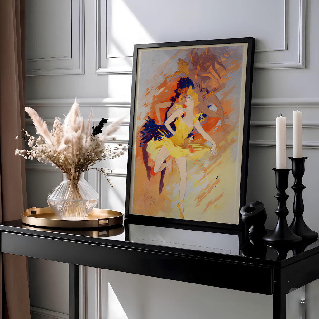 Vintage French Art Nouveau travel poster style art print La Danse by artist Jules Chéret showing leaping dancers in Paris France. MapYourDreams offers custom fine art framed, unframed, and canvas print formats.