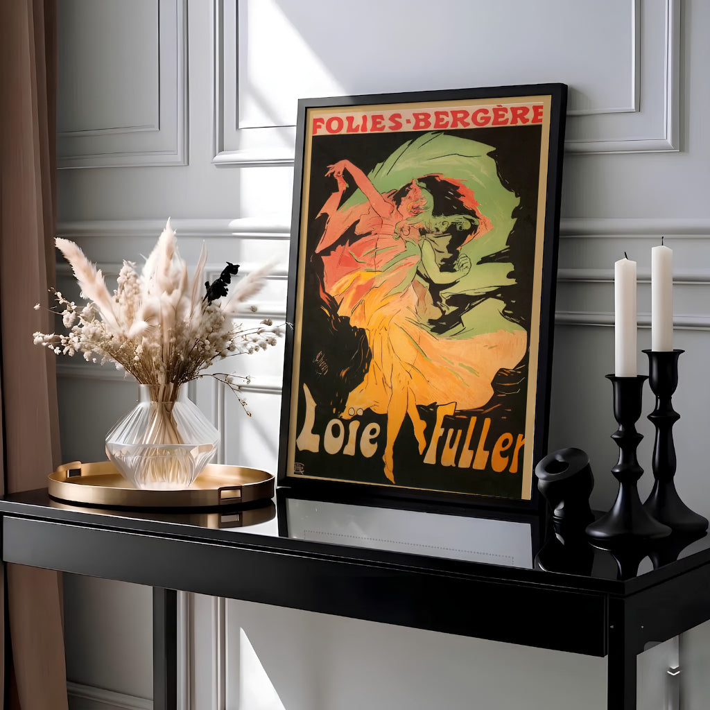 Historic French cabaret poster Loïe Fuller Folies Bergère by artist Jules Chéret from 1893 showcasing theatrical lighting set in Paris France. Select framed, unframed poster, or gallery canvas choices at MapYourDreams.