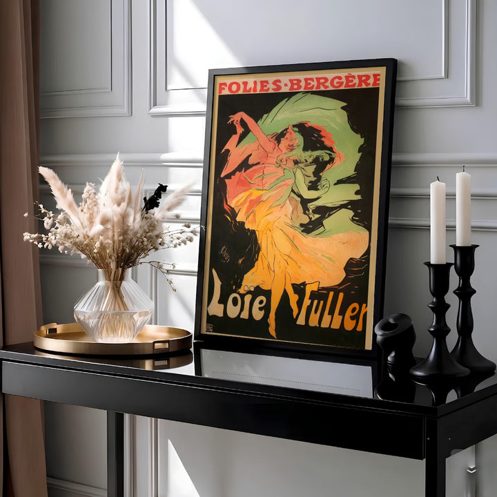Historic French cabaret poster Loïe Fuller Folies Bergère by artist Jules Chéret from 1893 showcasing theatrical lighting set in Paris France. Select framed, unframed poster, or gallery canvas choices at MapYourDreams.