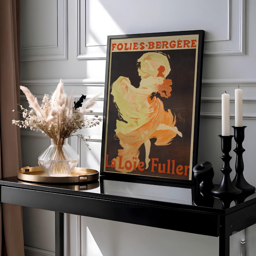 Historic French cabaret poster La Loïe Fuller Folies Bergère by artist Jules Chéret from 1893 showcasing theatrical lighting set in Paris France. Select framed, unframed poster, or gallery canvas choices at MapYourDreams.