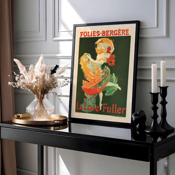 Vintage French Art Nouveau travel poster style print Folies Bergère La Loïe Fuller by artist Jules Chéret showing emerald silk drapery in Paris France. MapYourDreams offers custom fine art framed, unframed, and canvas print formats.
