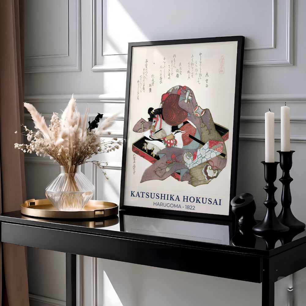 Vintage Edo period Surimono woodblock poster by artist Katsushika Hokusai depicting a traditional hobby horse toy in Amsterdam. Available as unframed prints, gallery canvas, or framed wall decor at MapYourDreams.