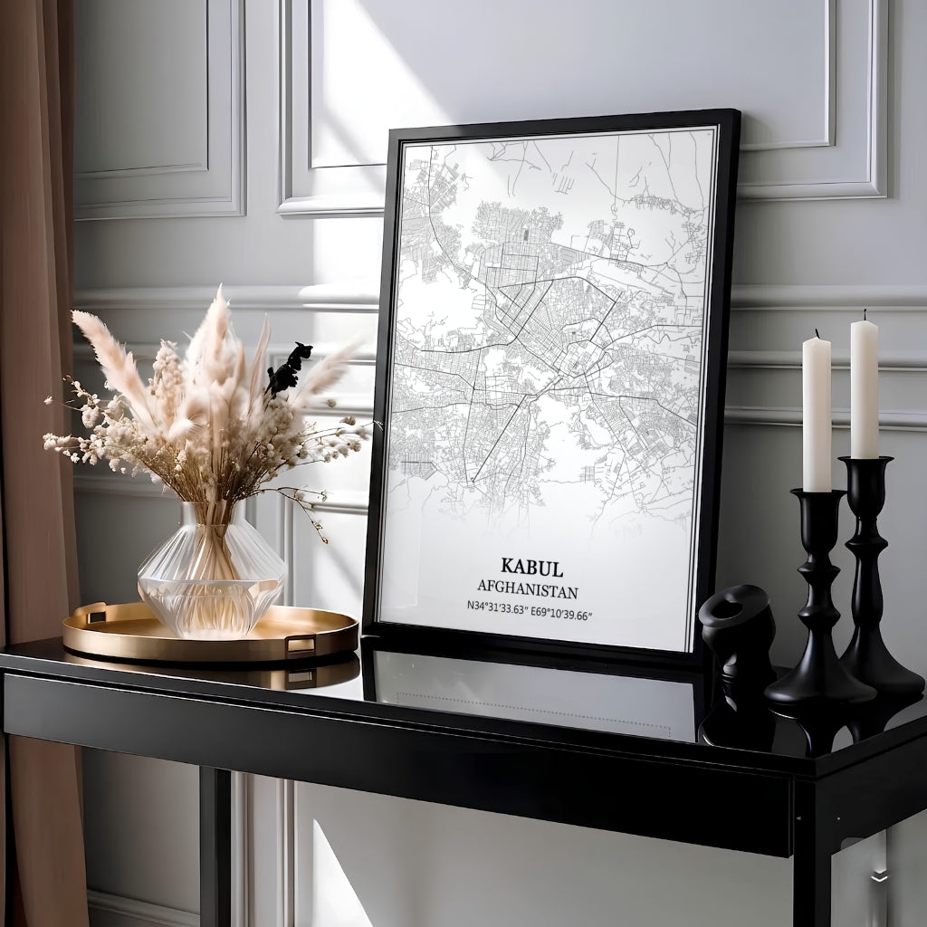 Modern black and white cartography poster of Kabul city in Afghanistan showing urban roadways and precise coordinates, crafted by MapYourDreams as an unframed art print, ready to hang gallery canvas, or framed wall decor in pure gold, silver, and white frames for desk setups.