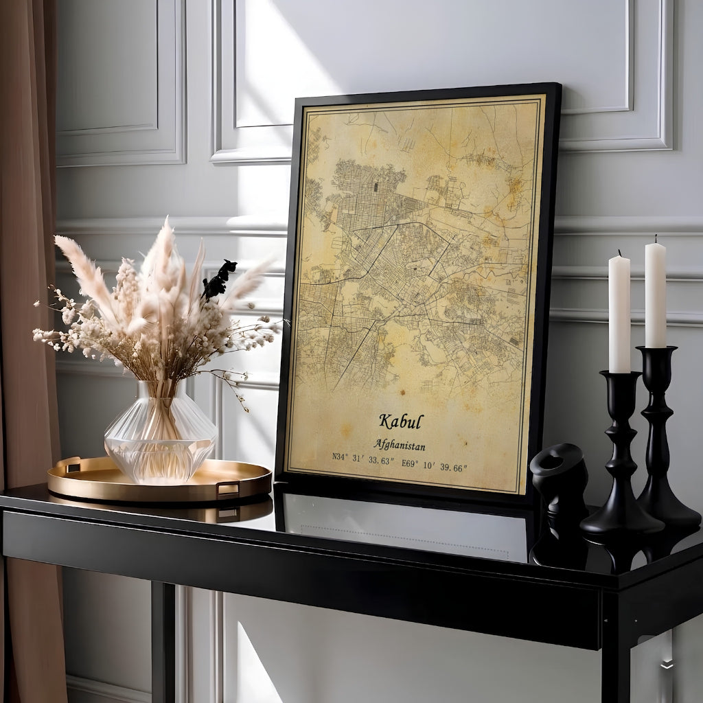 Antique sepia cartography poster of Kabul city in Afghanistan showing detailed road networks and urban layout, crafted by MapYourDreams as an unframed art print, ready to hang gallery canvas, or framed wall decor in pure gold, silver, and white frames for desk setups.
