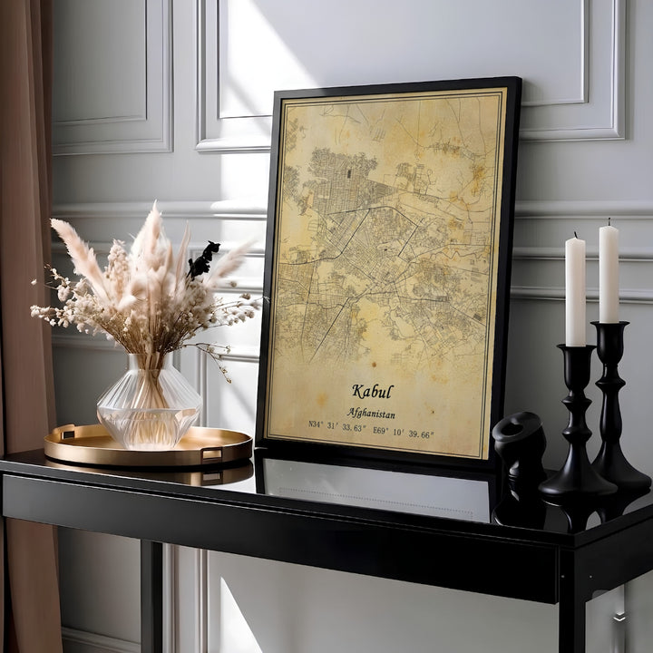Antique sepia cartography poster of Kabul city in Afghanistan showing detailed road networks and urban layout, crafted by MapYourDreams as an unframed art print, ready to hang gallery canvas, or framed wall decor in pure gold, silver, and white frames for desk setups.