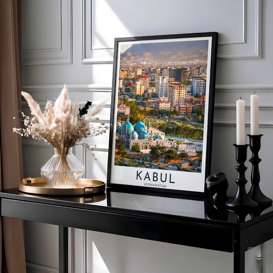 Landscape photography art print of Kabul Afghanistan city skyline with sunny mountain backdrop and urban rooftops, produced by MapYourDreams as an unframed poster print, stretched canvas decor, or custom framed print in pure gold, white, and silver frames for living room walls.