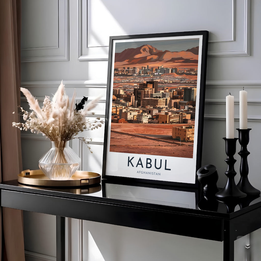 Mid-century style cityscape poster of Kabul Afghanistan displaying warm sandstone buildings and jagged mountain peaks, produced by MapYourDreams as an unframed print, stretched canvas decor, or custom framed wall decor in pure gold, white, and silver frames for living room walls.