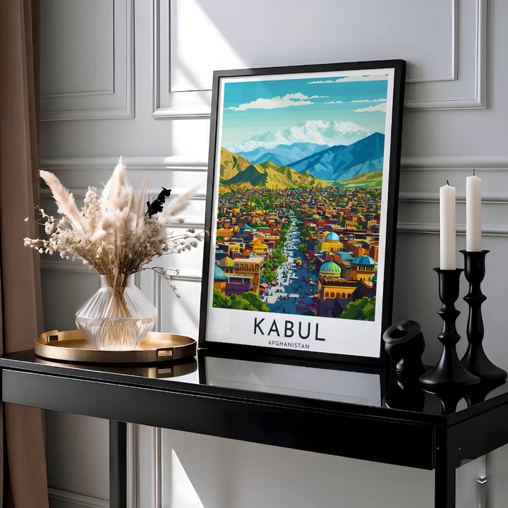 Vintage travel illustration poster of Kabul Afghanistan with detailed city architecture and Hindu Kush mountain peaks, available at MapYourDreams as an unframed fine art print, stretched gallery canvas, or framed wall decor in retro black and natural frames for bedroom wall display.