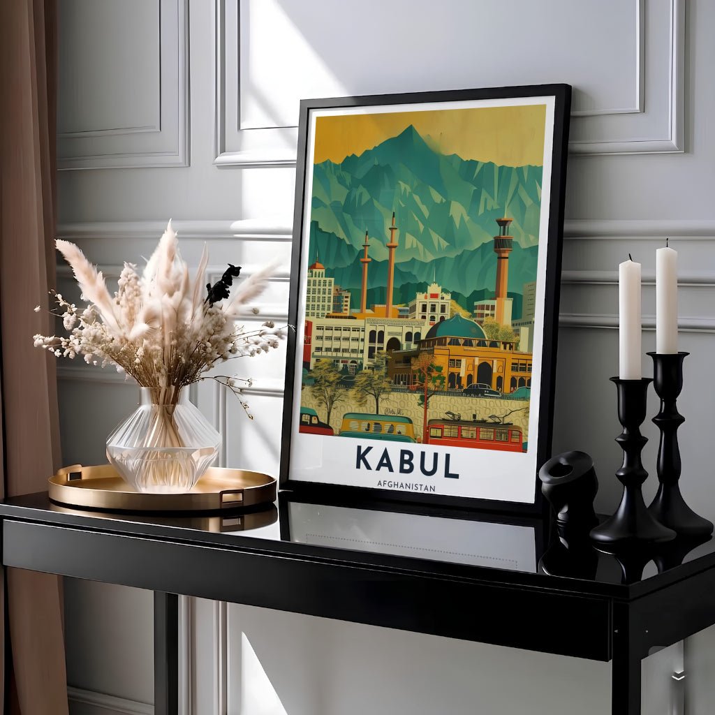 Scenery illustration print capturing the urban valley and surrounding mountain ridges of Kabul, Afghanistan, illuminated by warm sunlight. Offered by MapYourDreams as an unframed print, canvas wall art decor, or a custom framed wall print in pure gold and bronze frames for office environments.