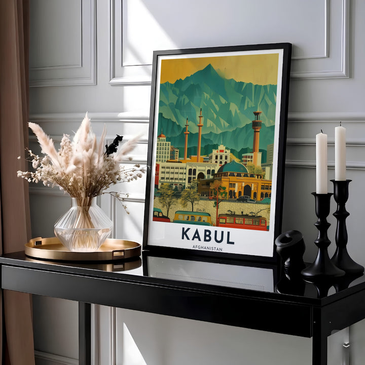 Scenery illustration print capturing the urban valley and surrounding mountain ridges of Kabul, Afghanistan, illuminated by warm sunlight. Offered by MapYourDreams as an unframed print, canvas wall art decor, or a custom framed wall print in pure gold and bronze frames for office environments.
