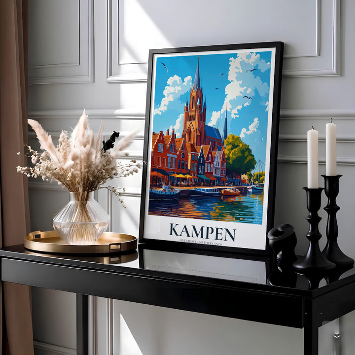 Mid-century vector illustration of historic brick buildings and riverboat reflections in Kampen Overijssel Netherlands, created by MapYourDreams with product formats including an unframed matte paper poster, a ready-to-hang gallery canvas, or custom framed art print options for entryways.