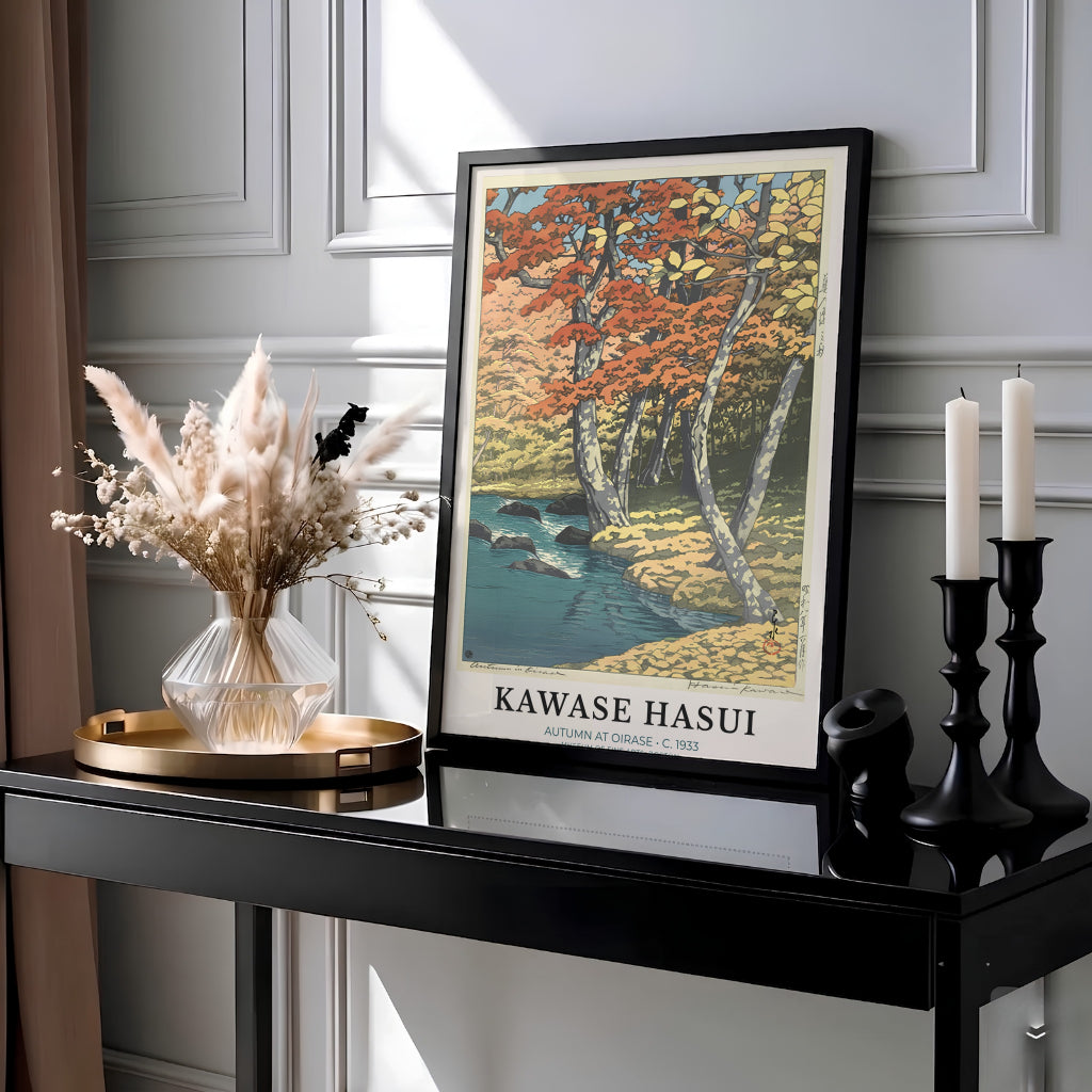 Vintage Japanese travel woodblock poster Autumn at Oirase by artist Kawase Hasui showcasing autumn forest canopy along Oirase Mountain Stream. Available as unframed prints, gallery canvas, or framed wall decor at MapYourDreams.