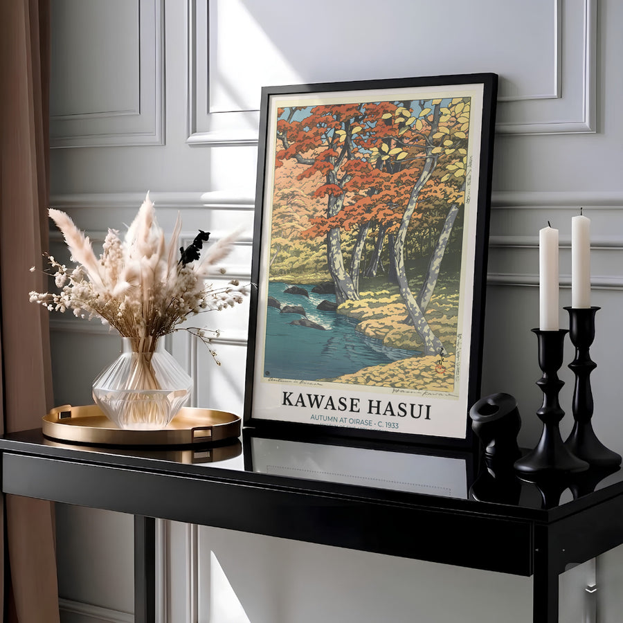 Vintage Japanese travel woodblock poster Autumn at Oirase by artist Kawase Hasui showcasing autumn forest canopy along Oirase Mountain Stream. Available as unframed prints, gallery canvas, or framed wall decor at MapYourDreams.