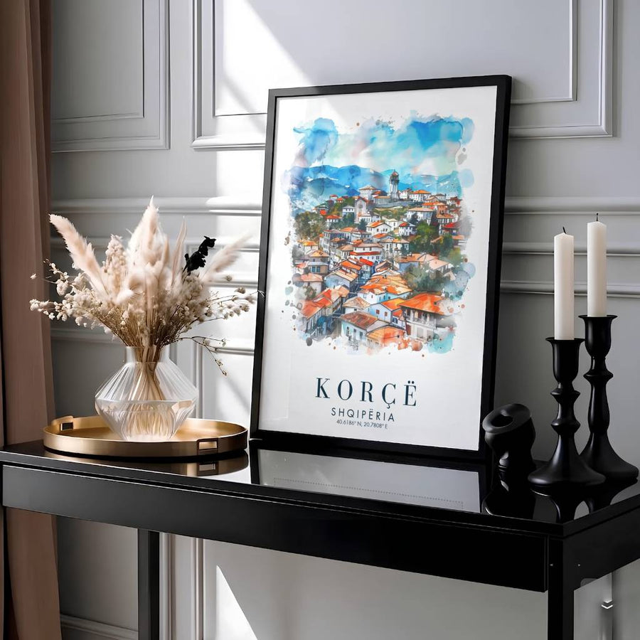 Showcasing the historic Ottoman architecture of Korçë Old Town with geographic coordinates 40.6186° N, 20.7808° E, this travel print brings Balkan culture home. Available through MapYourDreams with display choices like unframed paper stock, custom frames, and stretched canvas options.