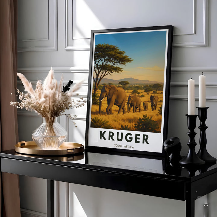 Serene South Africa safari nature print depicting giant elephants grazing peaceful savanna fields under blue skies. Offered by MapYourDreams, this artwork is available in flexible options including unframed paper, custom wooden frames, and gallery canvas wraps for refined home office decor.