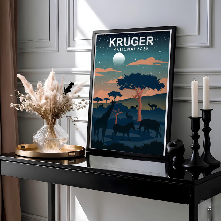 Scenic Kruger National Park art print highlighting a glowing moon sphere, twinkling stars, soft clouds, and nighttime savanna animal silhouettes. Offered by MapYourDreams, this artwork is available in flexible options including unframed paper, custom wooden frames, and gallery canvas wraps for tailored home wall decor setups.