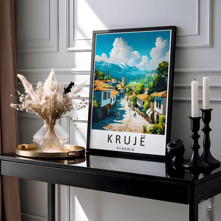 Showcasing the legendary mountain architecture of Krujë Old Bazaar, this vintage travel print brings Albanian history and rustic charm to wall decor. Available through MapYourDreams with display choices like unframed paper stock, custom frames, and stretched canvas options.