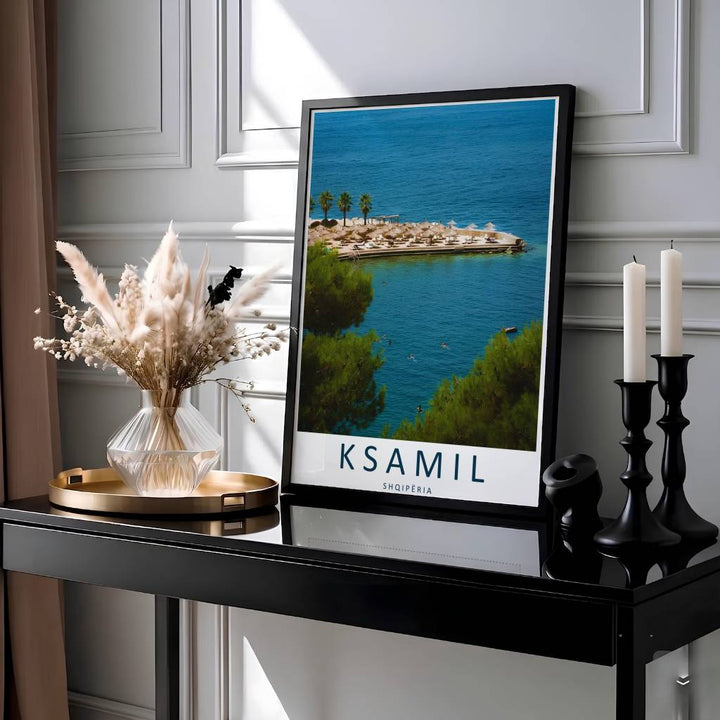 Showcasing the famous beach resort destination of Ksamil Albania, this photographic travel print brings Mediterranean relaxation and blue ocean hues home. Available through MapYourDreams with display choices like unframed paper stock, custom frames, and stretched canvas options.