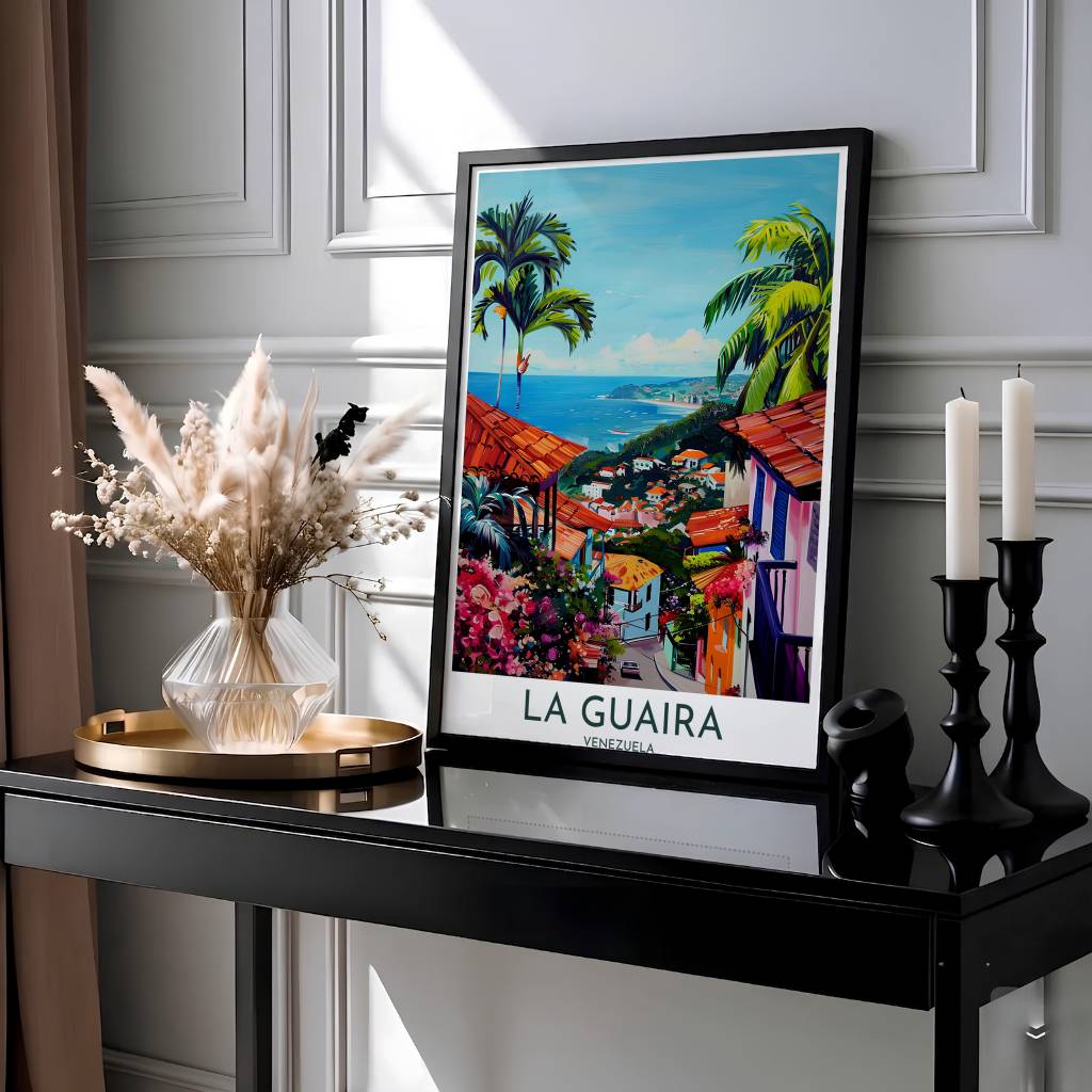 Impressionistic travel poster of La Guaira showcasing terracotta tile roofs, pink floral gardens, and sweeping ocean vistas. Presented by MapYourDreams, this piece comes in flexible choices such as unframed paper stock, custom frames, and gallery canvas wraps.