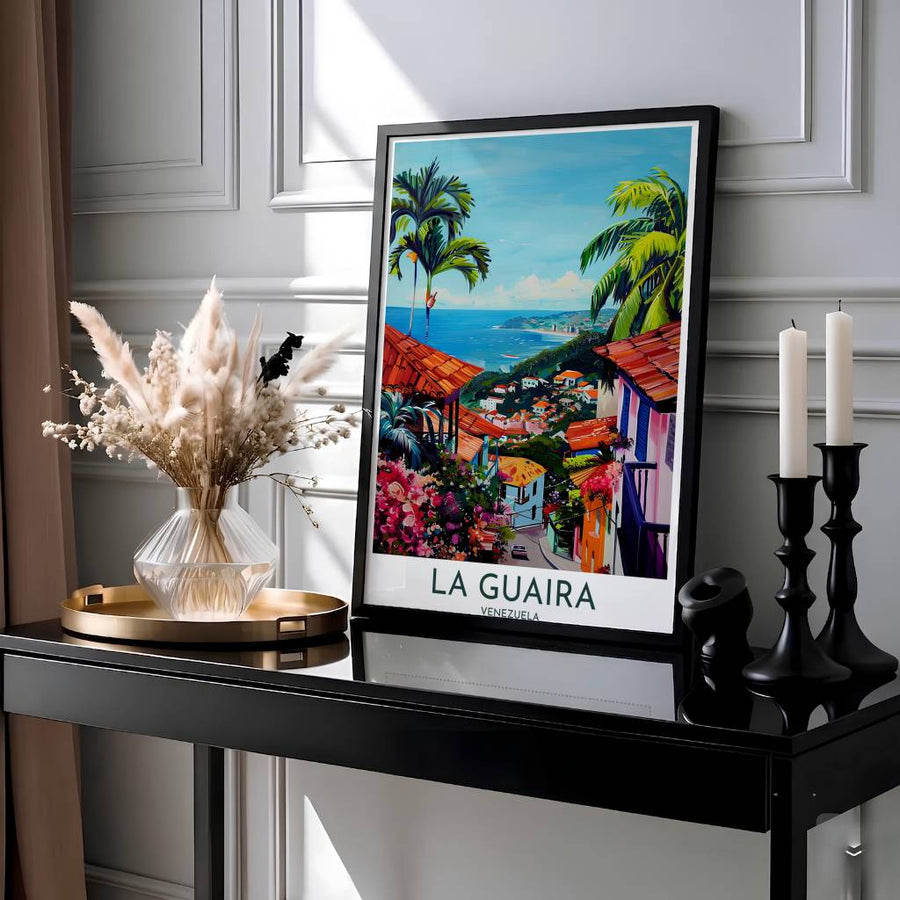 Impressionistic travel poster of La Guaira showcasing terracotta tile roofs, pink floral gardens, and sweeping ocean vistas. Presented by MapYourDreams, this piece comes in flexible choices such as unframed paper stock, custom frames, and gallery canvas wraps.
