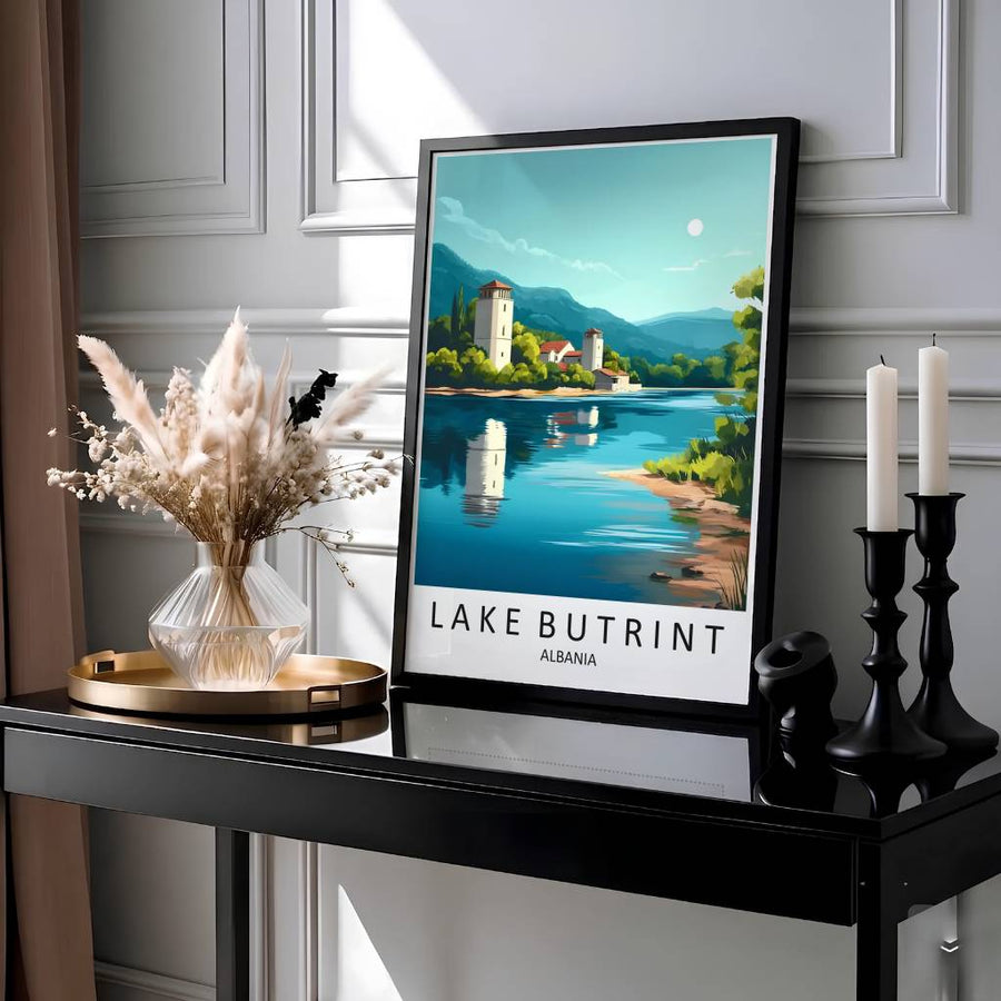 Showcasing the famous archaeological and natural landscape of Lake Butrint Albania, this vintage travel print brings Mediterranean tranquility home. Available through MapYourDreams with display choices like unframed paper stock, custom frames, and stretched canvas options.