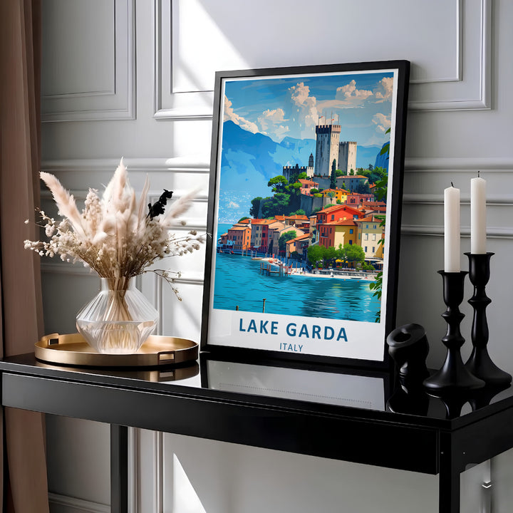 An artistic illustration of Malcesine village on Lake Garda in Italy featuring the historic Scaliger Castle overlooking blue waters, terracotta roofs, and lush green trees; offered as a gallery canvas print, classic unframed wall poster, or elegant framed art display for your living room.