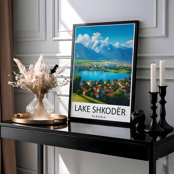 Showcasing the famous natural border lake and mountain panorama of Shkodra Albania, this vintage travel print brings Balkan grandeur home. Available through MapYourDreams with display choices like unframed paper stock, custom frames, and stretched canvas options.