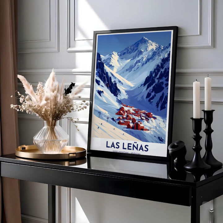 Retro ski travel poster of Las Leñas in the Argentine Andes displaying crisp white snowfields and deep cobalt blue shadows. Presented by MapYourDreams, this piece comes in flexible choices such as unframed paper stock, custom frames, and gallery canvas wraps.