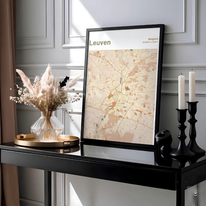High-contrast terracotta and ochre street map print of Leuven, Belgium, featuring geographic coordinates. MapYourDreams provides this piece across multiple versatile formats including archival paper prints, custom framed styles, and stretched gallery canvas.