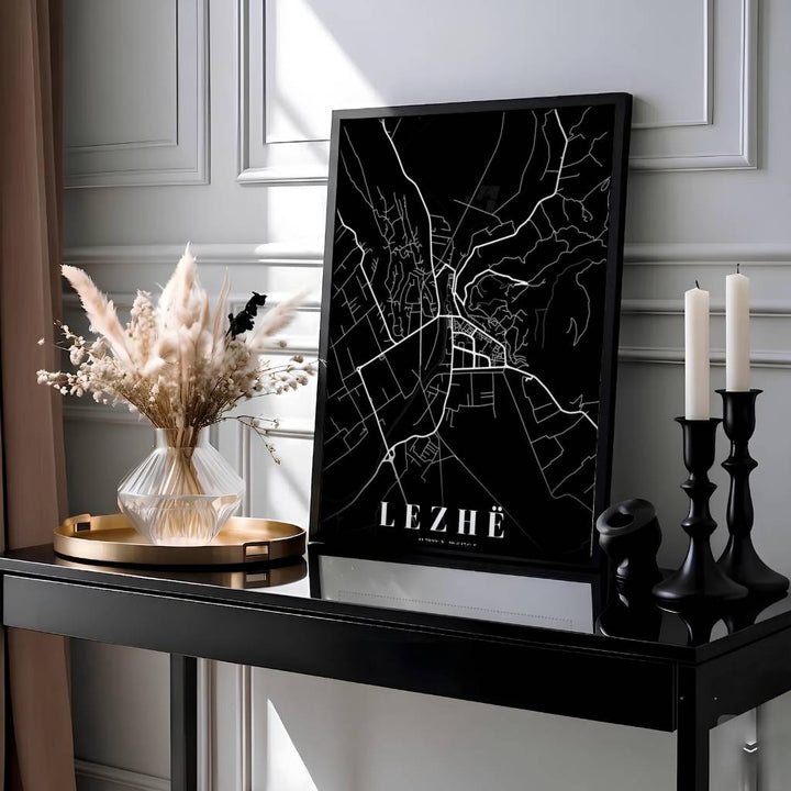 Showcasing the historical geography of Lezhë and the surrounding northern Albanian landscape, this black-and-white wall art print brings sleek modern minimalism home. Available through MapYourDreams, customers can choose unframed prints, ready-to-hang wooden frames, or gallery-wrapped canvas.