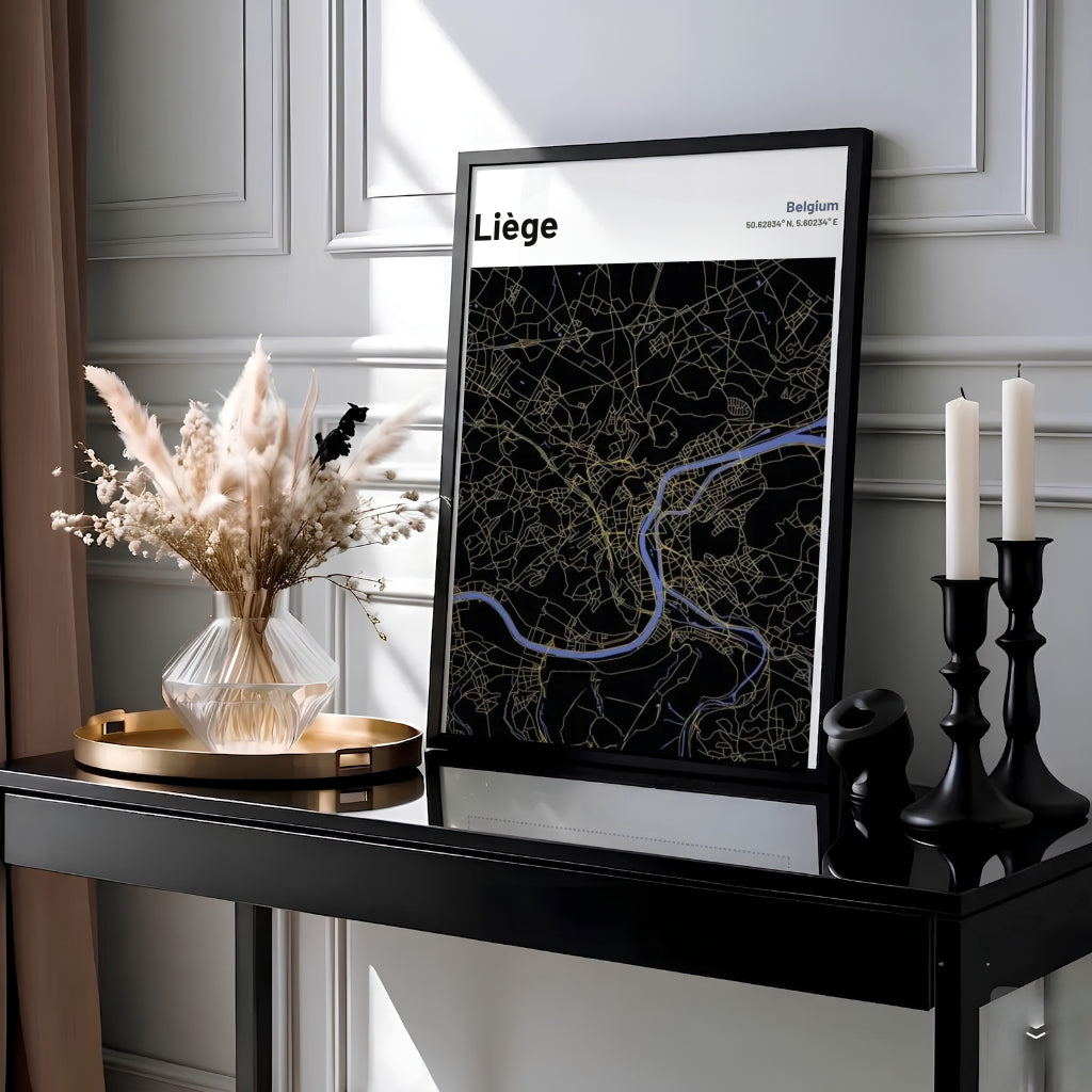 High-contrast dark mode street map print of Liège, Belgium, featuring geographic coordinates and gold street lines. MapYourDreams provides this piece across multiple versatile formats including archival paper prints, custom framed styles, and stretched gallery canvas.