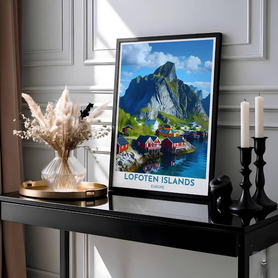 Fine art print of Hamnoy Norway with a sheer granite mountain peak, cobalt blue fjord waters, and bold title text reading LOFOTEN ISLANDS. Presented by MapYourDreams, this artwork is available in flexible options including unframed paper, custom wooden frames, and gallery canvas wraps for living room art.