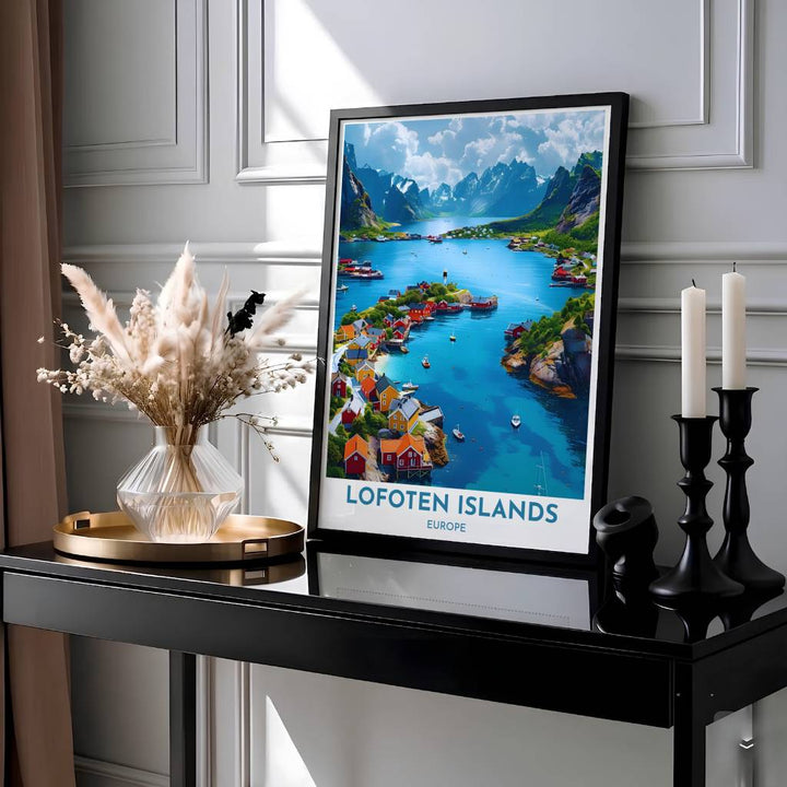 Fine art travel print of Henningsvaer Norway with snow-capped granite mountains, turquoise fjord waters, and bold title text reading LOFOTEN ISLANDS. Presented by MapYourDreams, this artwork is available in flexible options including unframed paper, custom wooden frames, and gallery canvas wraps for living room art.