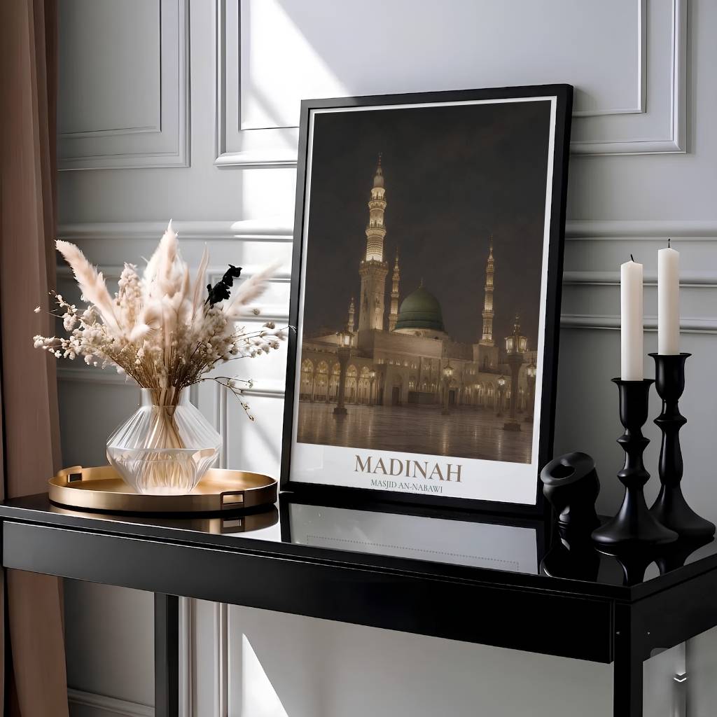 Architectural night poster of Masjid an Nabawi featuring the Green Dome, lit minarets, and cartographic title text reading MADINAH. Presented by MapYourDreams, this artwork is available in flexible options including unframed paper, custom wooden frames, and gallery canvas wraps for living room art.