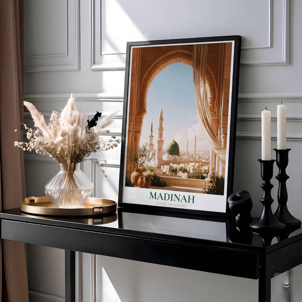 Architectural arch view poster of Masjid an Nabawi featuring the Green Dome, clay pottery, and cartographic title text reading MADINAH. Presented by MapYourDreams, this artwork is available in flexible options including unframed paper, custom wooden frames, and gallery canvas wraps for living room art.