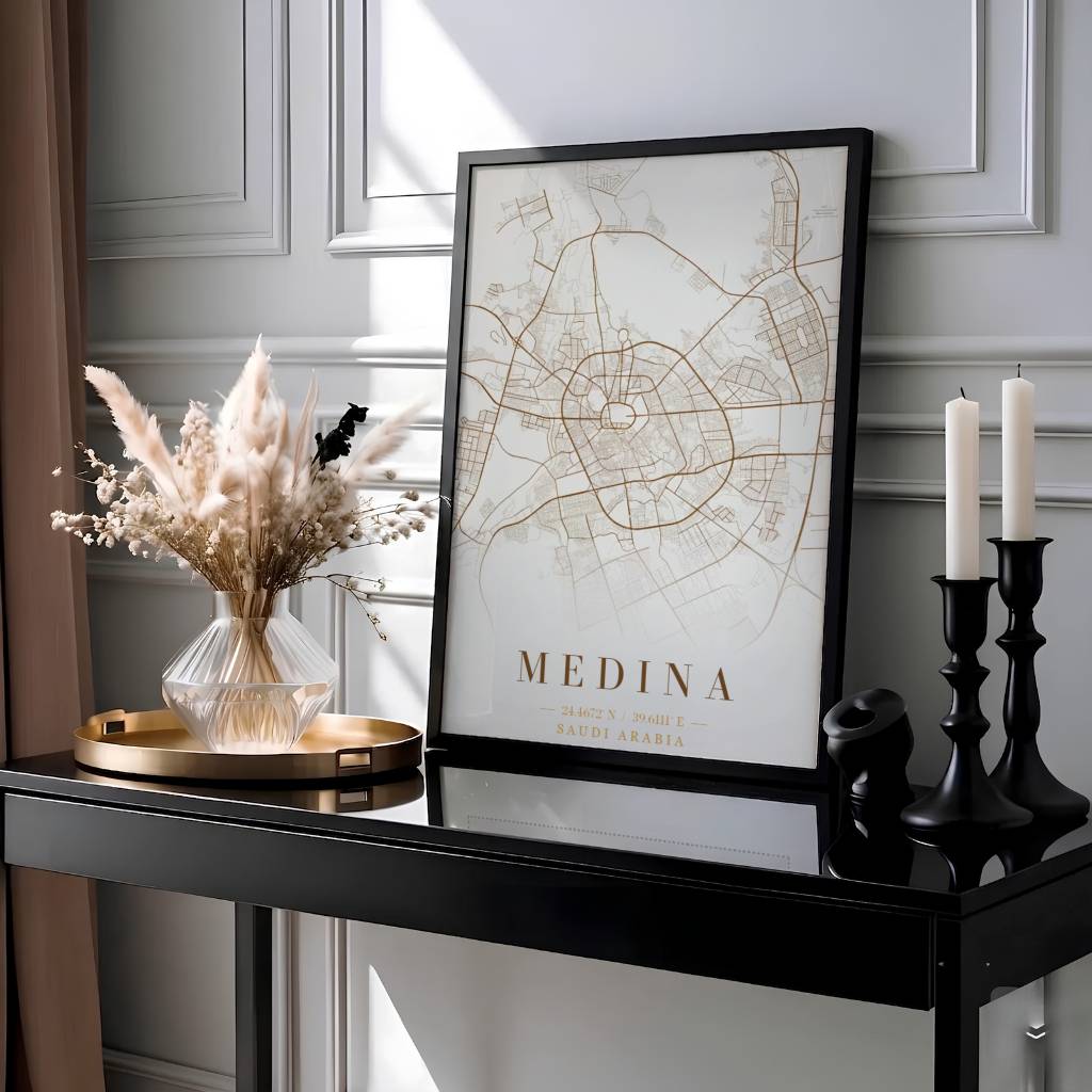 Elegant gold city map poster of Medina Saudi Arabia with geographic coordinates and clean title text reading MEDINA. Presented by MapYourDreams, this artwork is available in flexible options including unframed paper, custom wooden frames, and gallery canvas wraps for living room art.