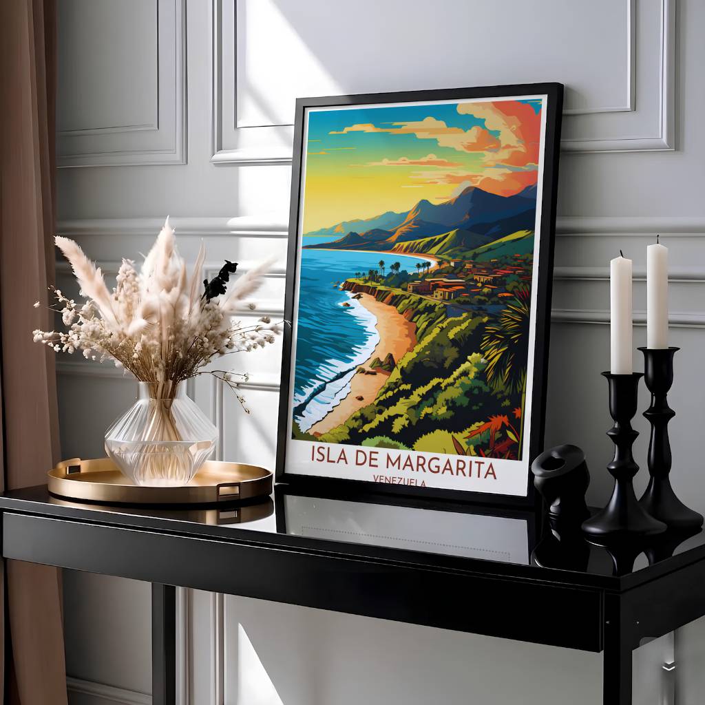 Mid-century vector style travel poster of Isla de Margarita showcasing glowing coral sunset clouds, turquoise surf, and green cliffs. Presented by MapYourDreams, this piece comes in flexible choices such as unframed paper stock, custom frames, and gallery canvas wraps.